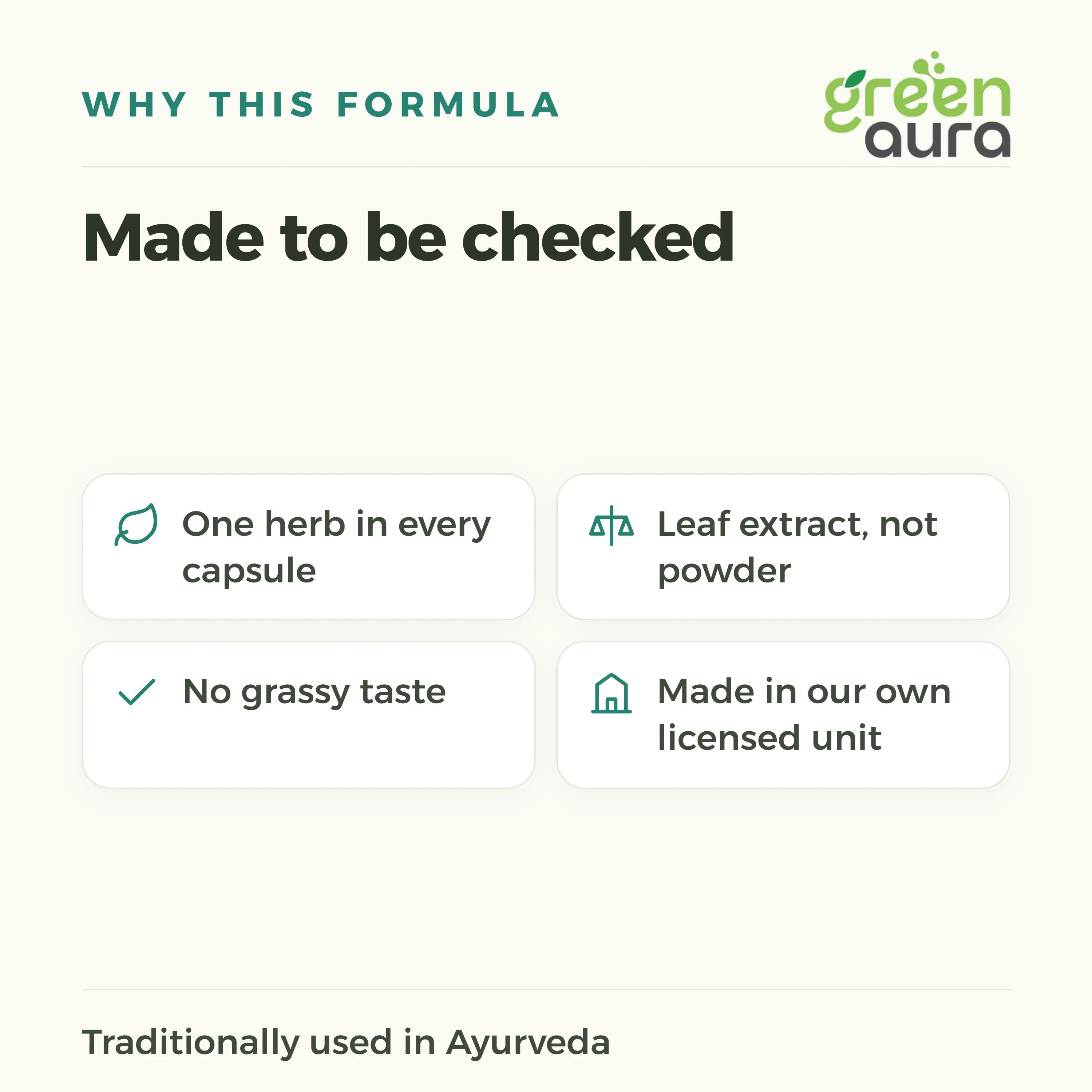 Why this formula: one herb in every capsule, leaf extract not powder, made in our own licensed unit